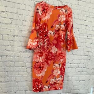 Calvin Klein Scuba Crepe Floral Print Bell Sleeve Sheath Dress Size 4